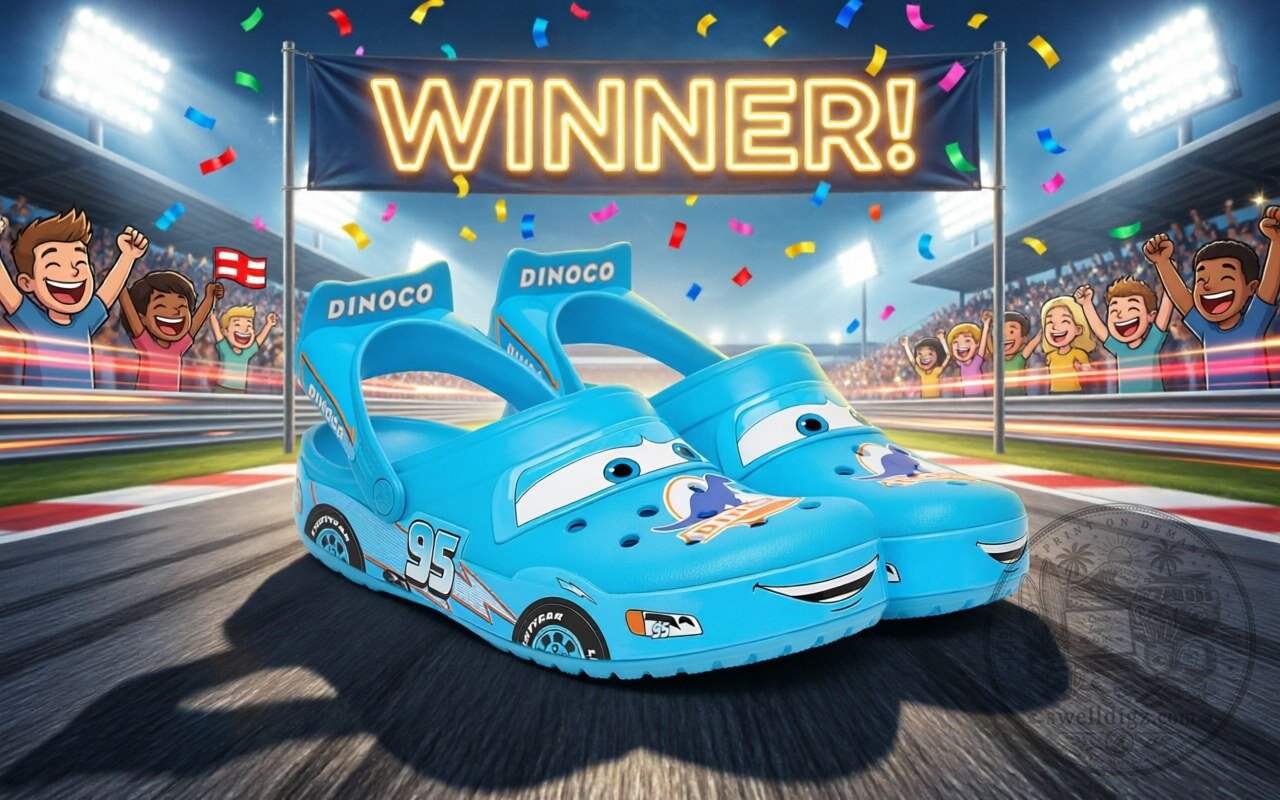 Pixar Dinoco Blue Car Crocs 20th Anniversary Edition for Kids & Adults with Charms Set 5 Pixar Purple Racing Car Crocs 20th Anniversary Edition for Kids & Adults with Charms Set premium quality collectible or lifestyle product for everyday use