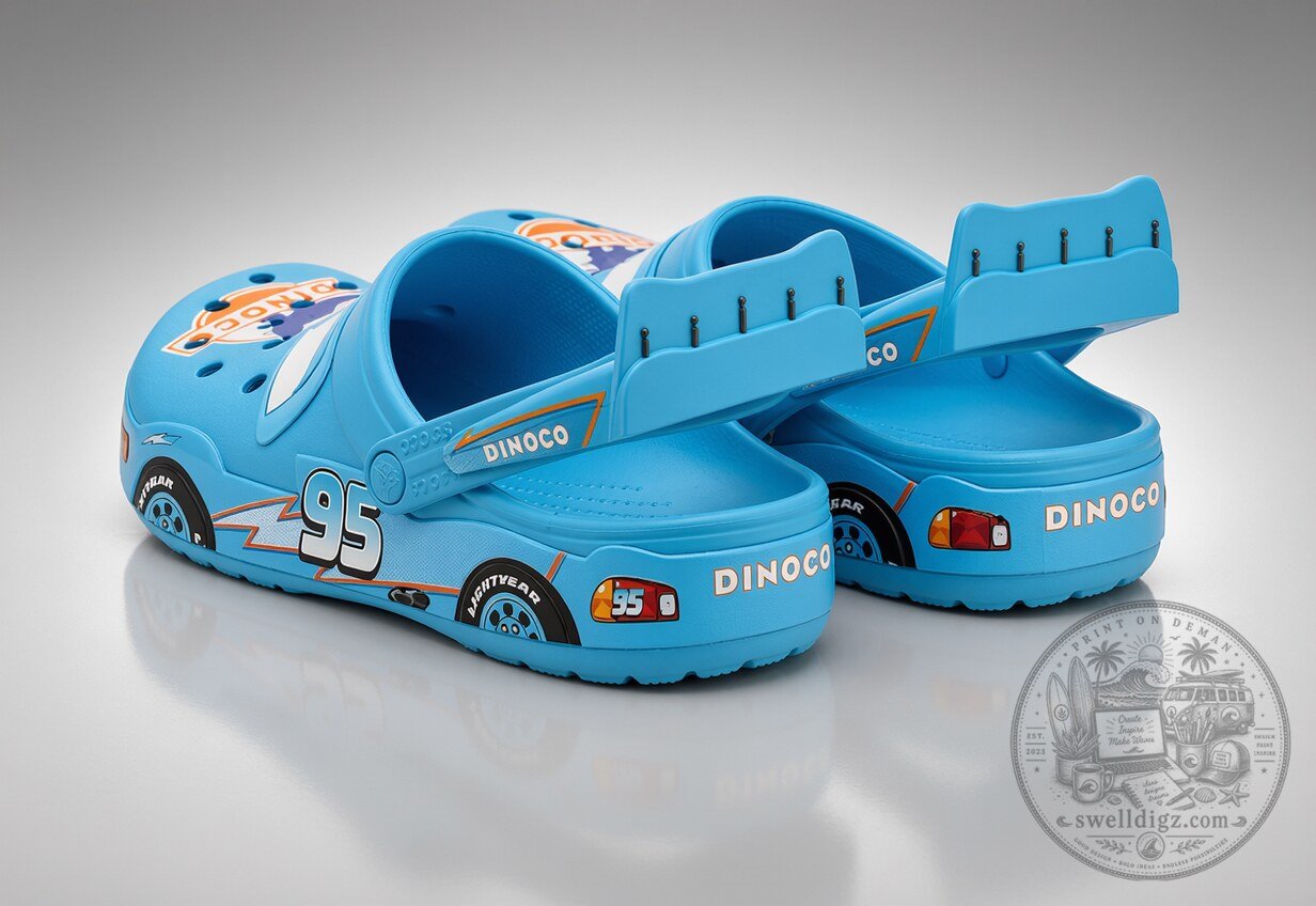 Pixar Dinoco Blue Car Crocs 20th Anniversary Edition for Kids & Adults with Charms Set 6 Pixar Purple Racing Car Crocs 20th Anniversary Edition for Kids & Adults with Charms Set premium quality collectible or lifestyle product for everyday use