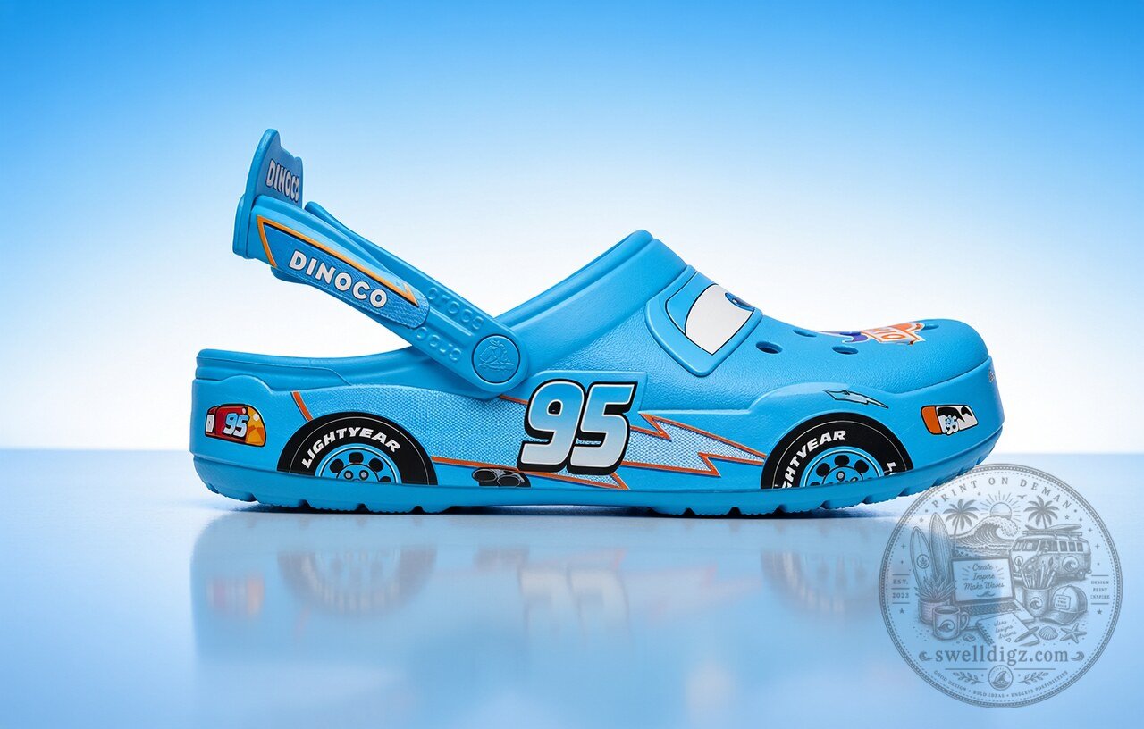 Pixar Dinoco Blue Car Crocs 20th Anniversary Edition for Kids & Adults with Charms Set 7 Pixar Purple Racing Car Crocs 20th Anniversary Edition for Kids & Adults with Charms Set premium quality collectible or lifestyle product for everyday use
