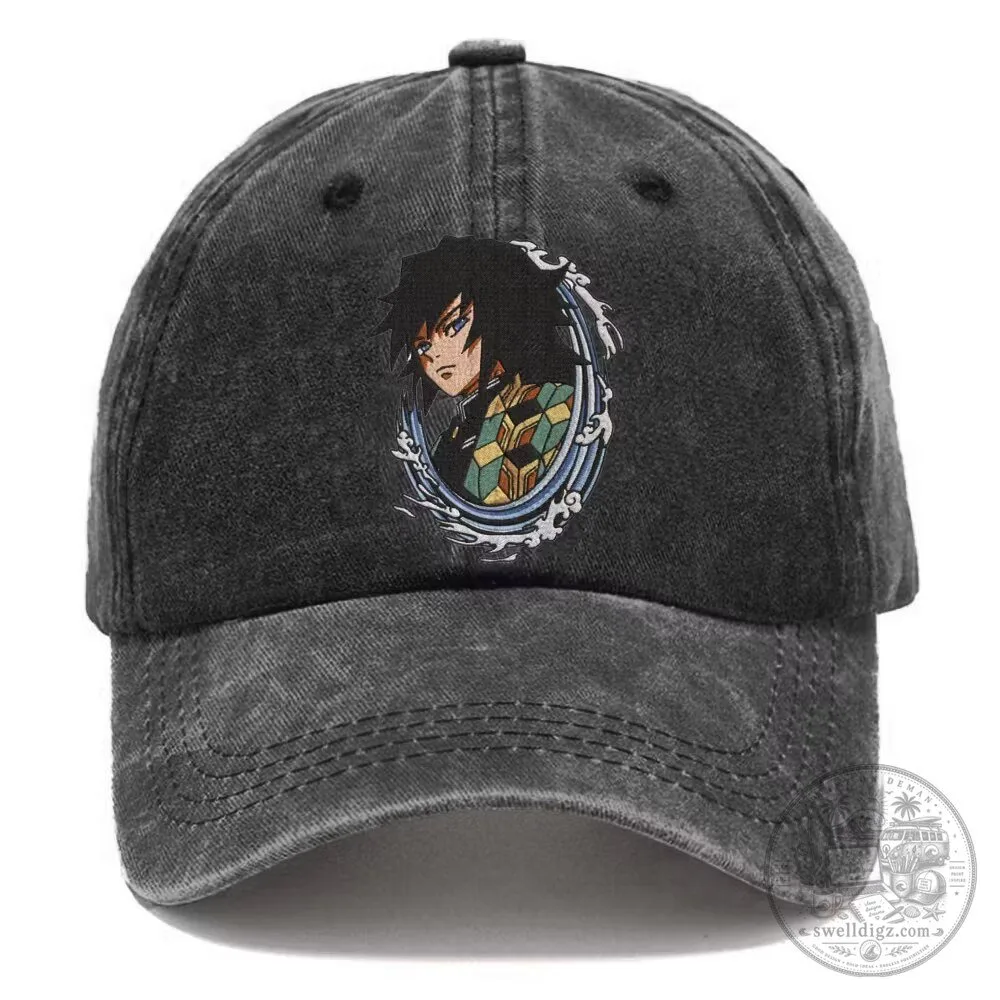 Demon Slayer Giyu Tomioka Embroidered Washed Cotton Baseball Cap Hat