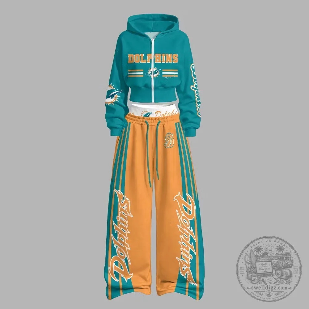 Women's Cropped Hoodie and Wide Leg Pants Set - Miami Dolphins