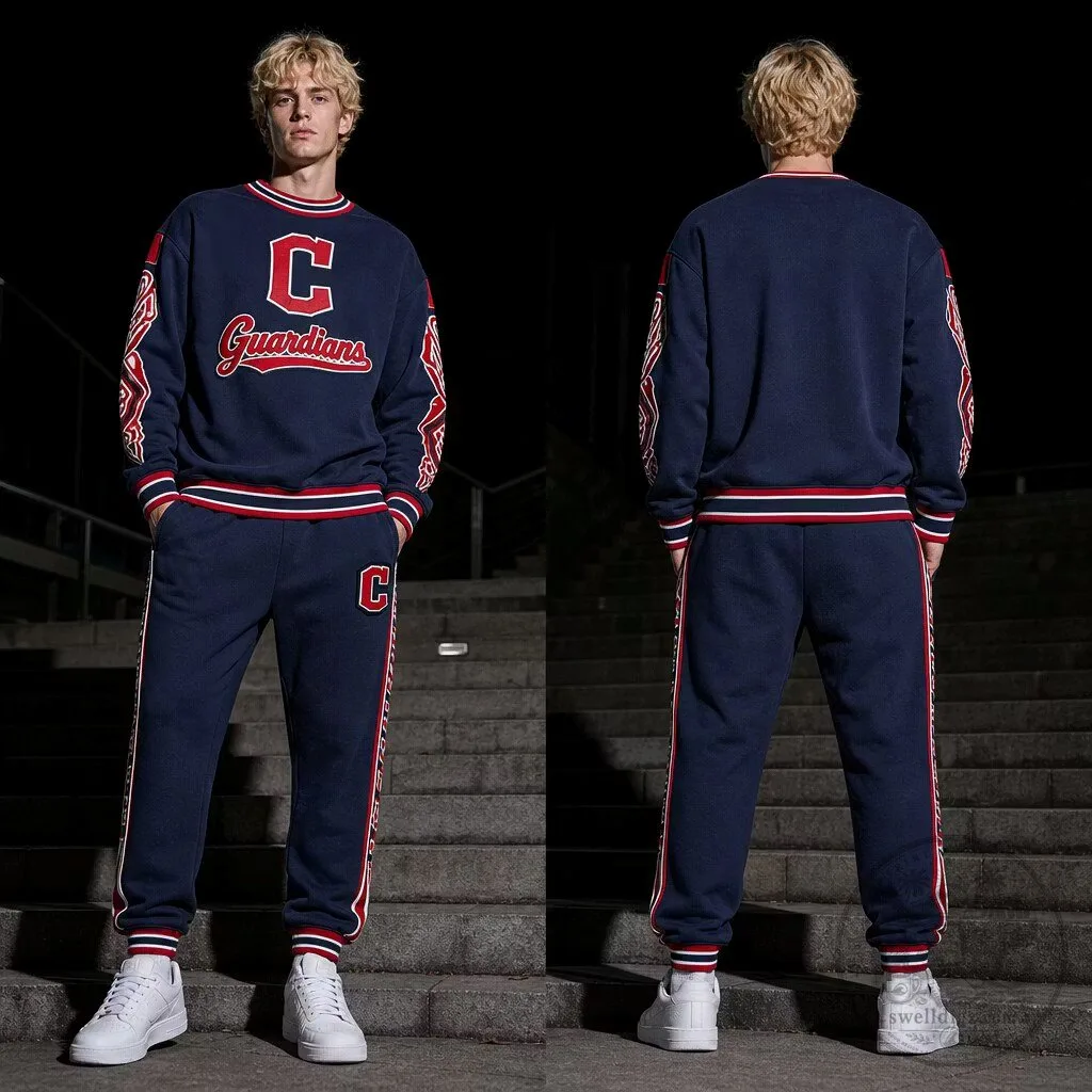 Cleveland Guardians Navy Blue Striped Rib Trim Sweatshirt and Sweatpants Set