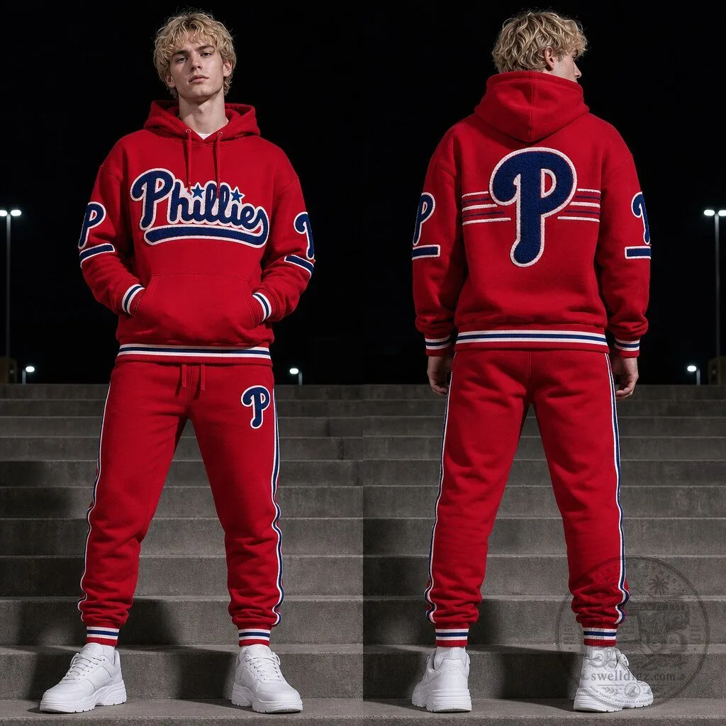 Philadelphia Phillies Red Baseball Team Logo Hoodie and Sweatpants Tracksuit Set