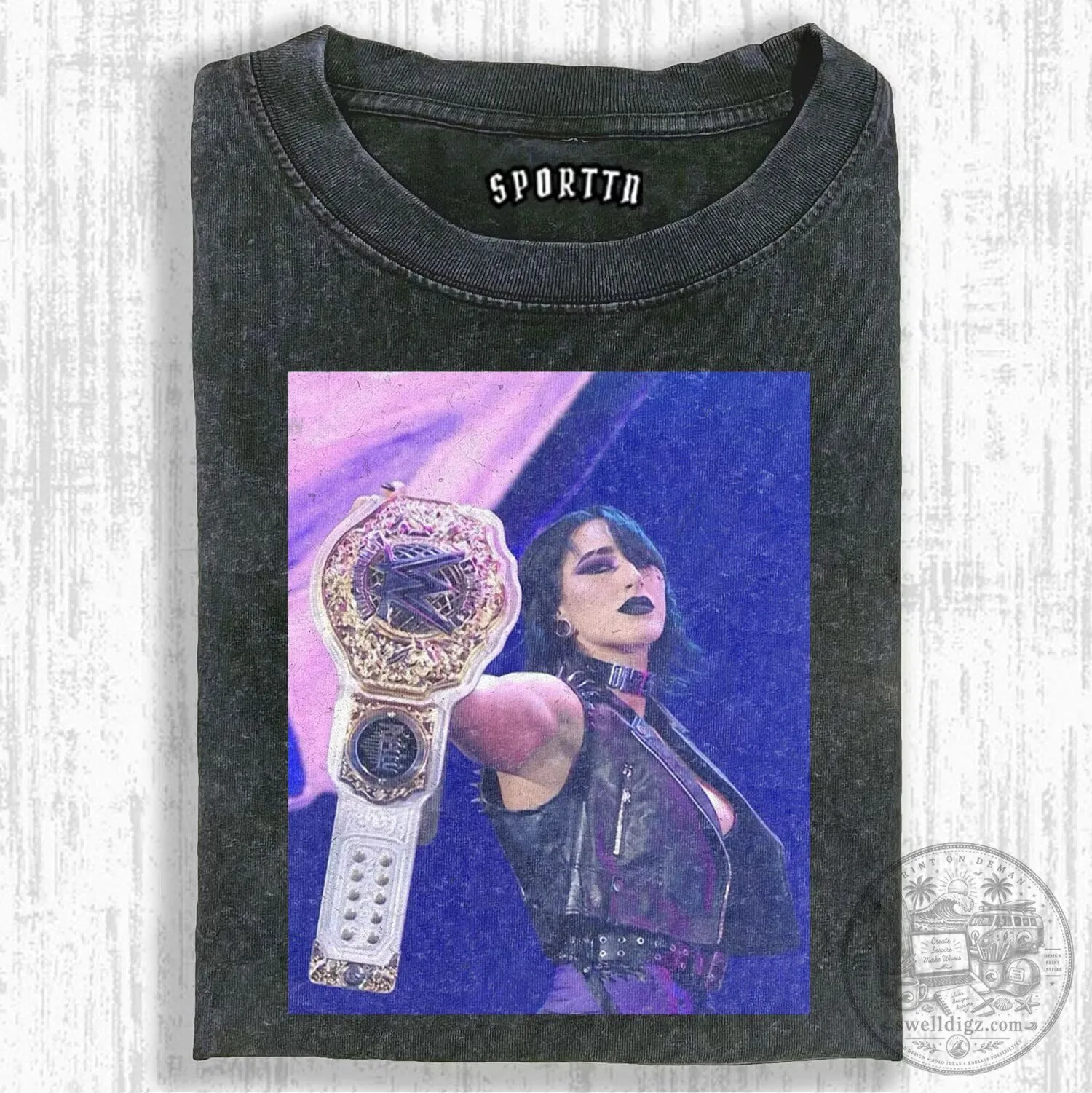 Rhea Ripley WWE Women's World Champion Vintage Washed Black T-Shirt