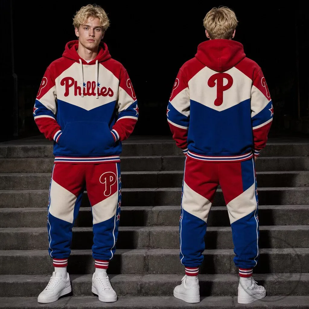 Philadelphia Phillies Red Blue White Colorblock Pullover Hoodie and Sweatpants Set 1 Philadelphia Phillies Red Blue White Colorblock Pullover Hoodie and Sweatpants Set