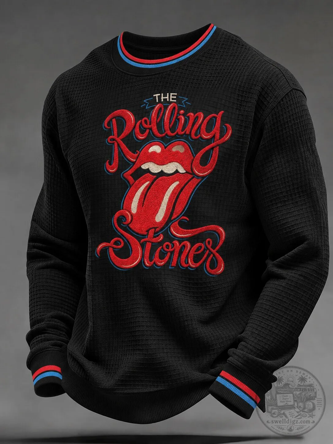 The Rolling Stones Classic Tongue Logo Black Waffle Knit Crewneck Sweatshirt