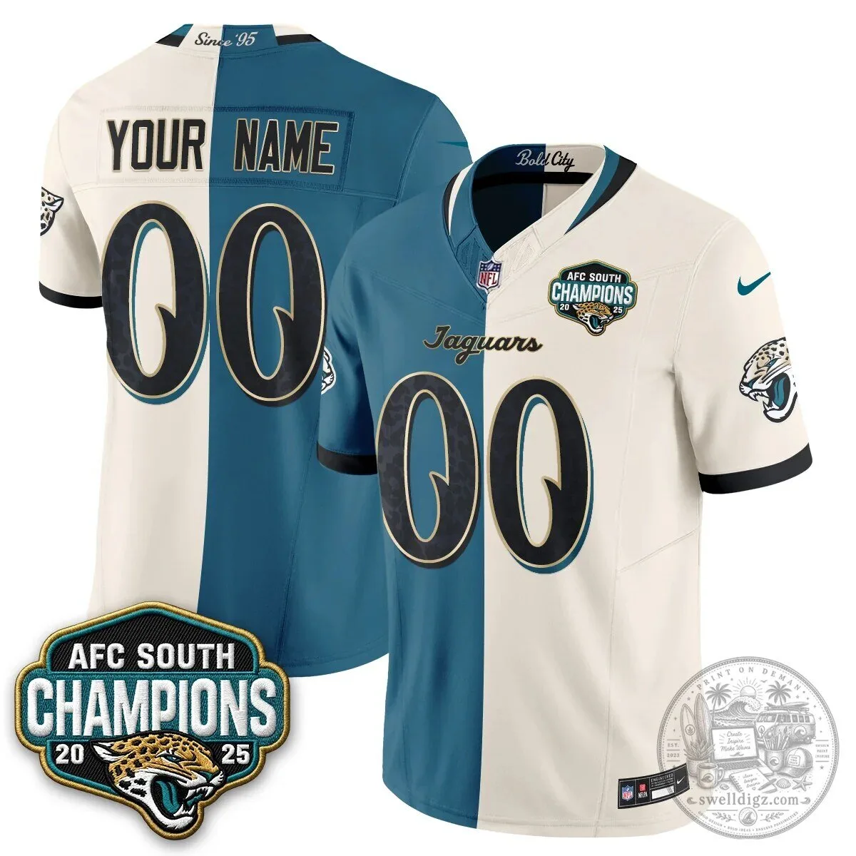 Jacksonville Jaguars AFC South Champions 2025 Split Vapor Custom Jersey 3 Jacksonville Jaguars AFC South Champions 2025 Split Vapor Custom Jersey