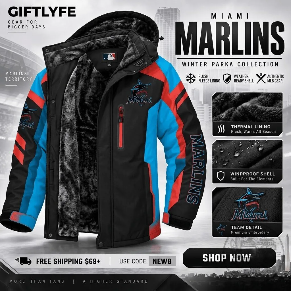Miami Marlins MLB Winter Parka Jacket with Plush Fleece Lining