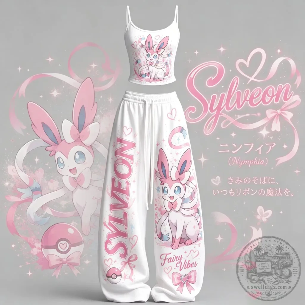 Sylveon Pokémon Fairy Vibes Crop Top and Pants Pajama Set Sylveon Pokémon Fairy Vibes Crop Top and Pants Pajama Set