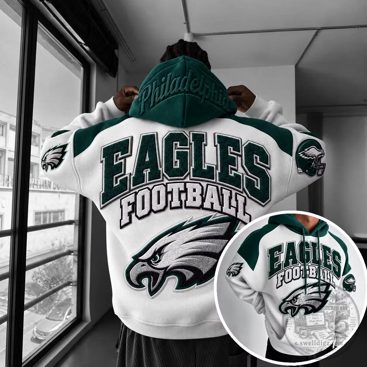 Philadelphia Eagles Football Team Logo White and Green Hoodie