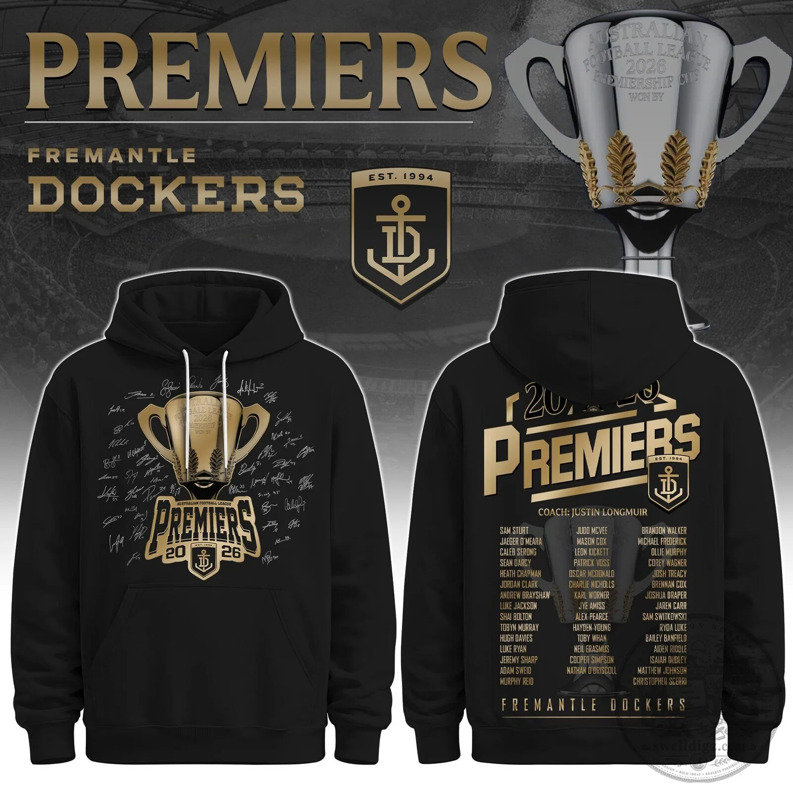 Fremantle Dockers 2026 AFL Premiers Team Roster Black Hoodie