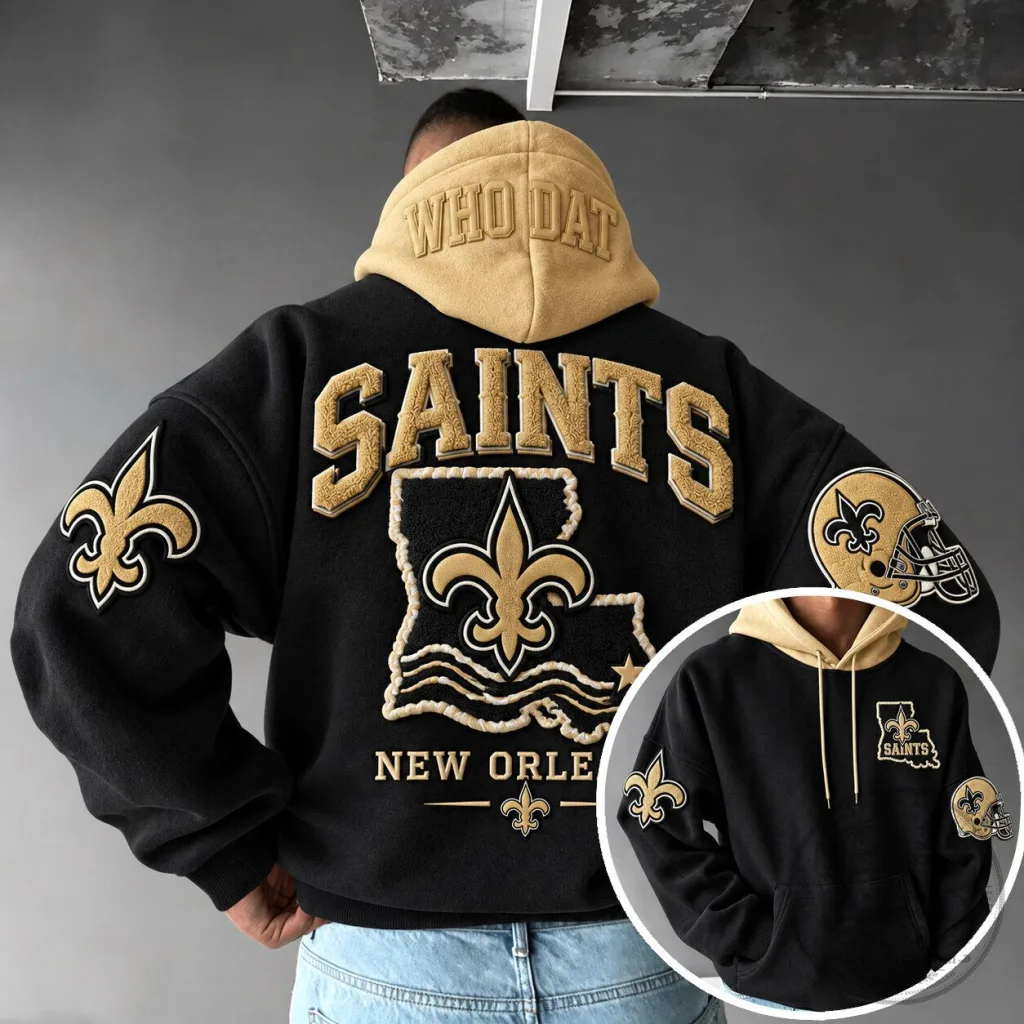 New Orleans Saints Who Dat Black and Gold Embroidered Varsity Hoodie New Orleans Saints Who Dat Black and Gold Embroidered Varsity Hoodie