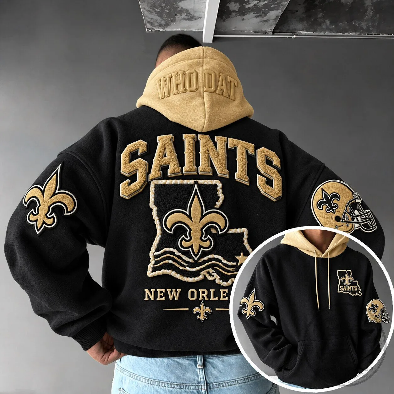 New Orleans Saints Who Dat Black and Gold Embroidered Varsity Hoodie