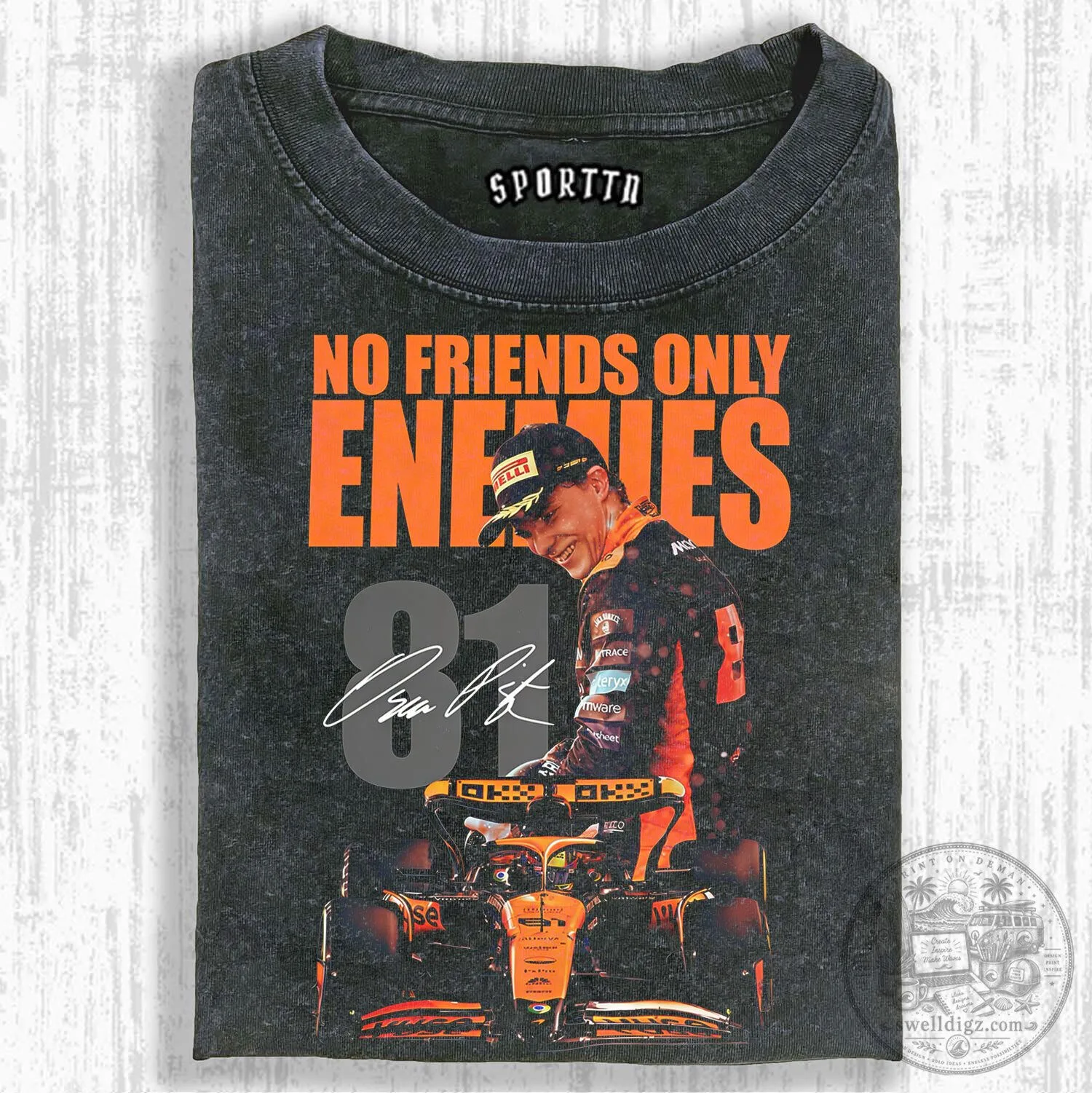 Formula 1 Racing T-Shirt featuring Oscar Piastri's No Friends Only Enemies design