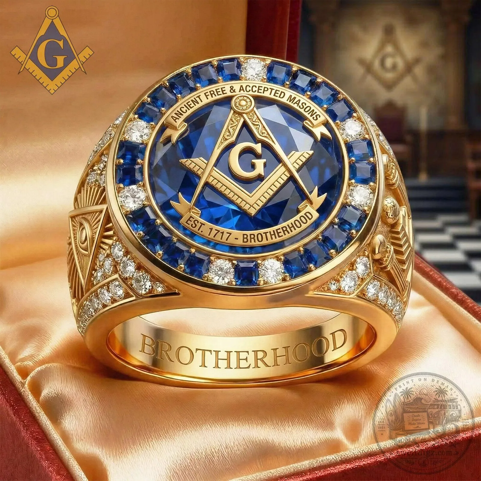 Ancient Free and Accepted Masons Brotherhood Gold Ring with Blue Gemstone 1 Ancient Free and Accepted Masons Brotherhood Gold Ring with Blue Gemstone