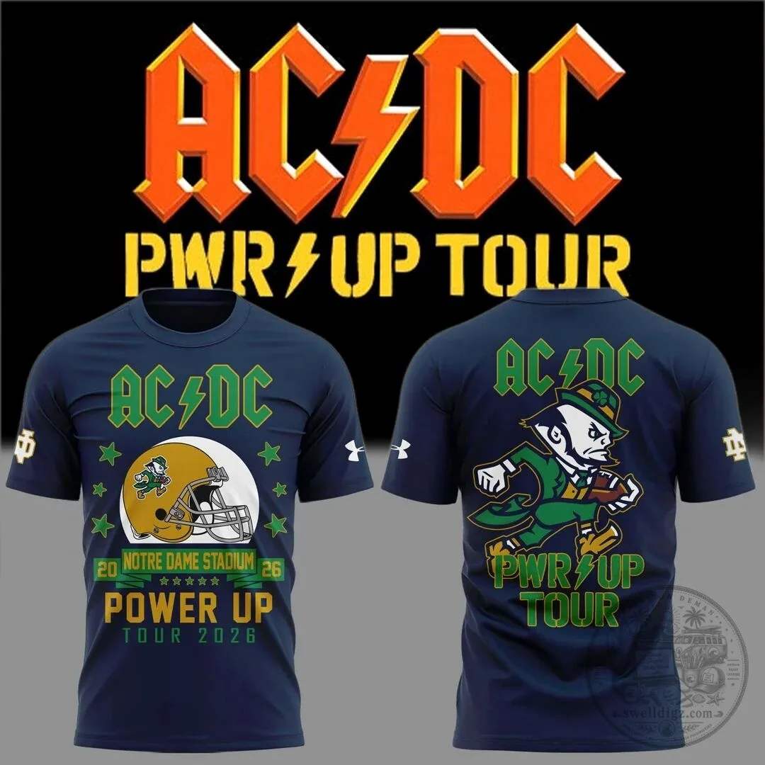 2026 Power Up Tour T-Shirt for Notre Dame Football with AC/DC Design