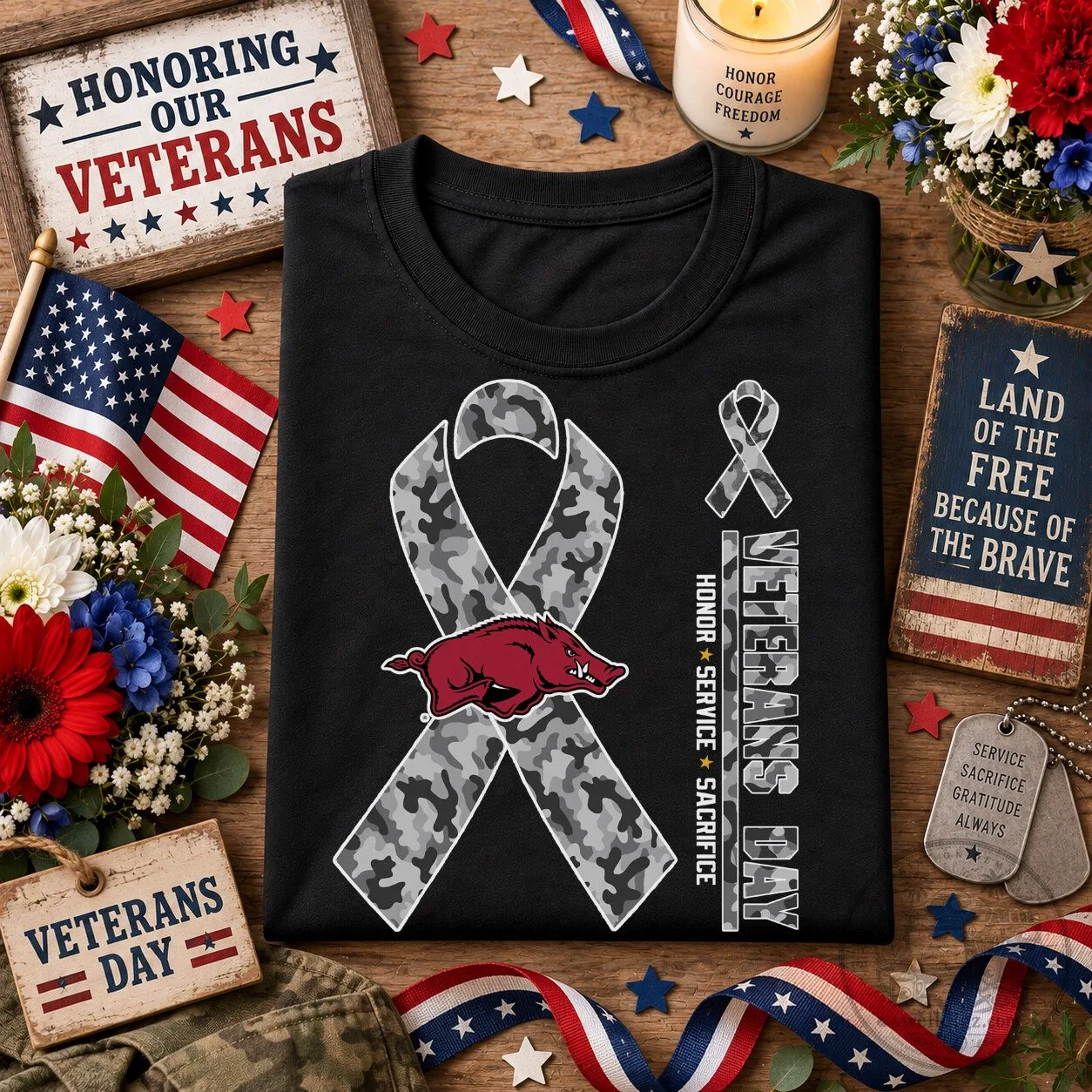 Arkansas Razorbacks Veterans Day Camouflage Ribbon Honor Service Sacrifice T-Shirt