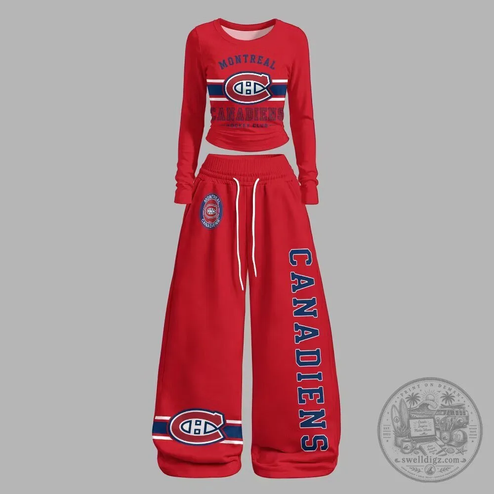 Montreal Canadiens Hockey Club Women's Long Sleeve Crop Top and Wide Leg Pants Set