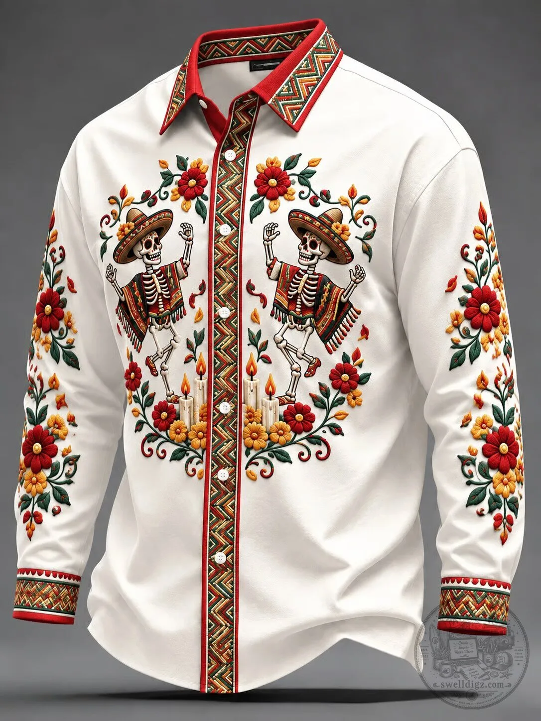 Day of the Dead Dancing Skeletons Embroidered White Collared Button Down Shirt