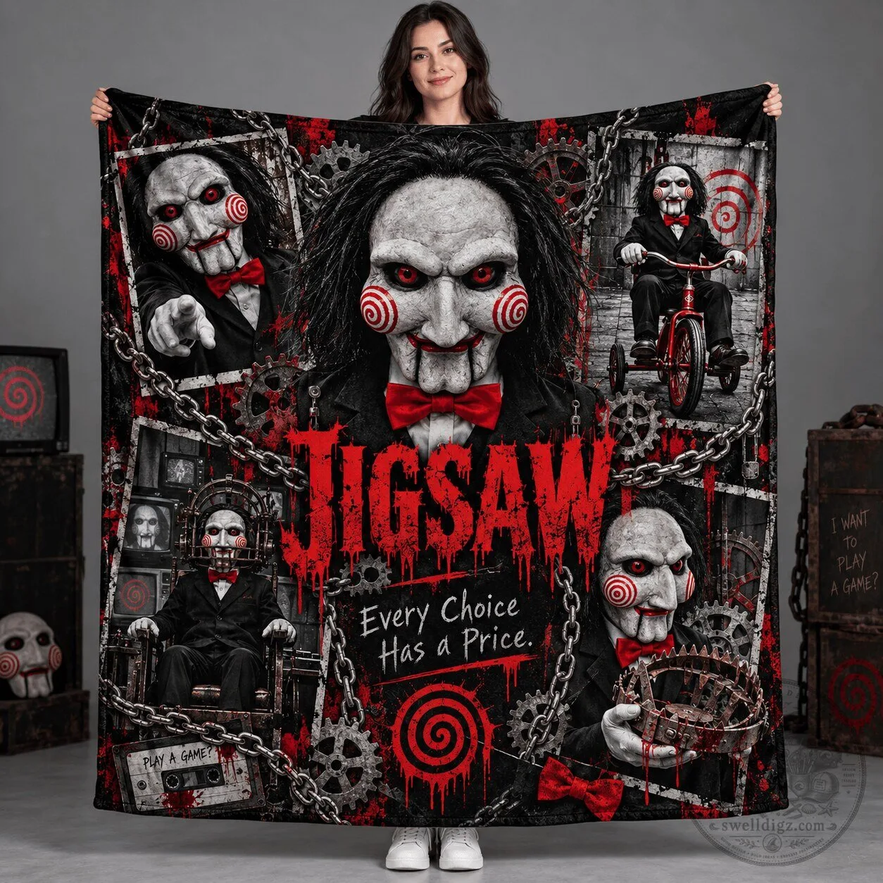 Jigsaw Puppet Portrait And Red Spiral Horror Movie Fleece Blanket