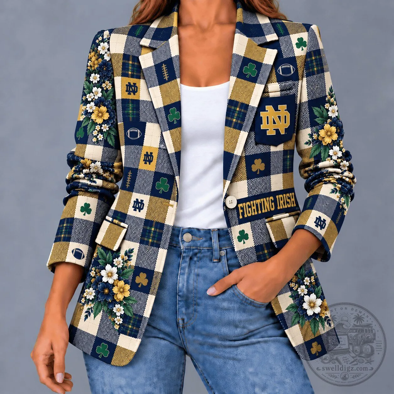 Notre Dame Fighting Irish Football Game Day Floral Plaid Women's Blazer Jacket