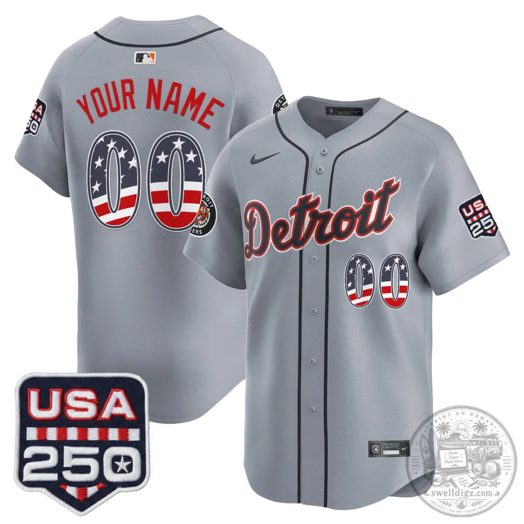 Detroit Tigers Fourth of July USA 250 Custom Baseball Jersey 34 Detroit Tigers Fourth of July USA 250 Custom Baseball Jersey