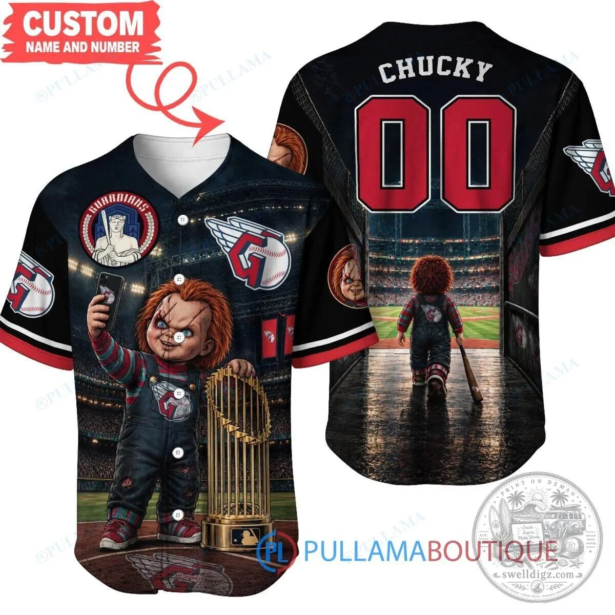 Cleveland Guardians Chucky World Series Trophy Baseball Jersey Custom Name Number