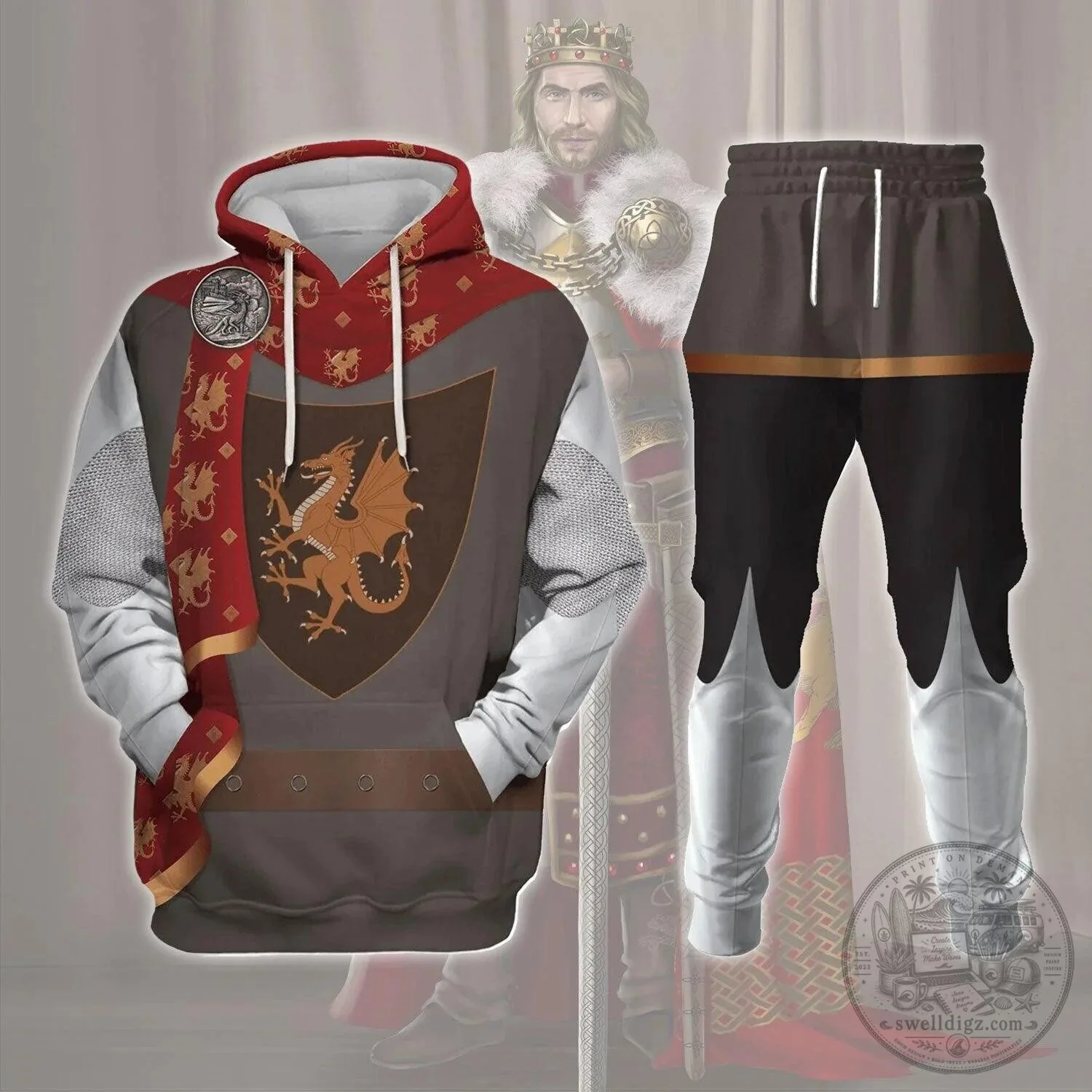 King Arthur Pendragon Dragon Knight Medieval Costume Hoodie Sweatshirt Tracksuit