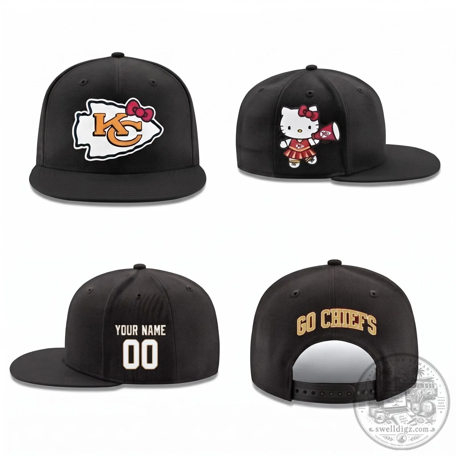 Personalized Black Snapback Hat featuring Hello Kitty and Kansas City Chiefs