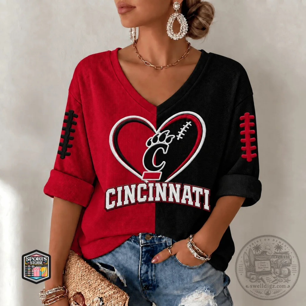Cincinnati Bearcats Football Heart Split Color V-Neck Long Sleeve Shirt Cincinnati Bearcats Football Heart Split Color V-Neck Long Sleeve Shirt