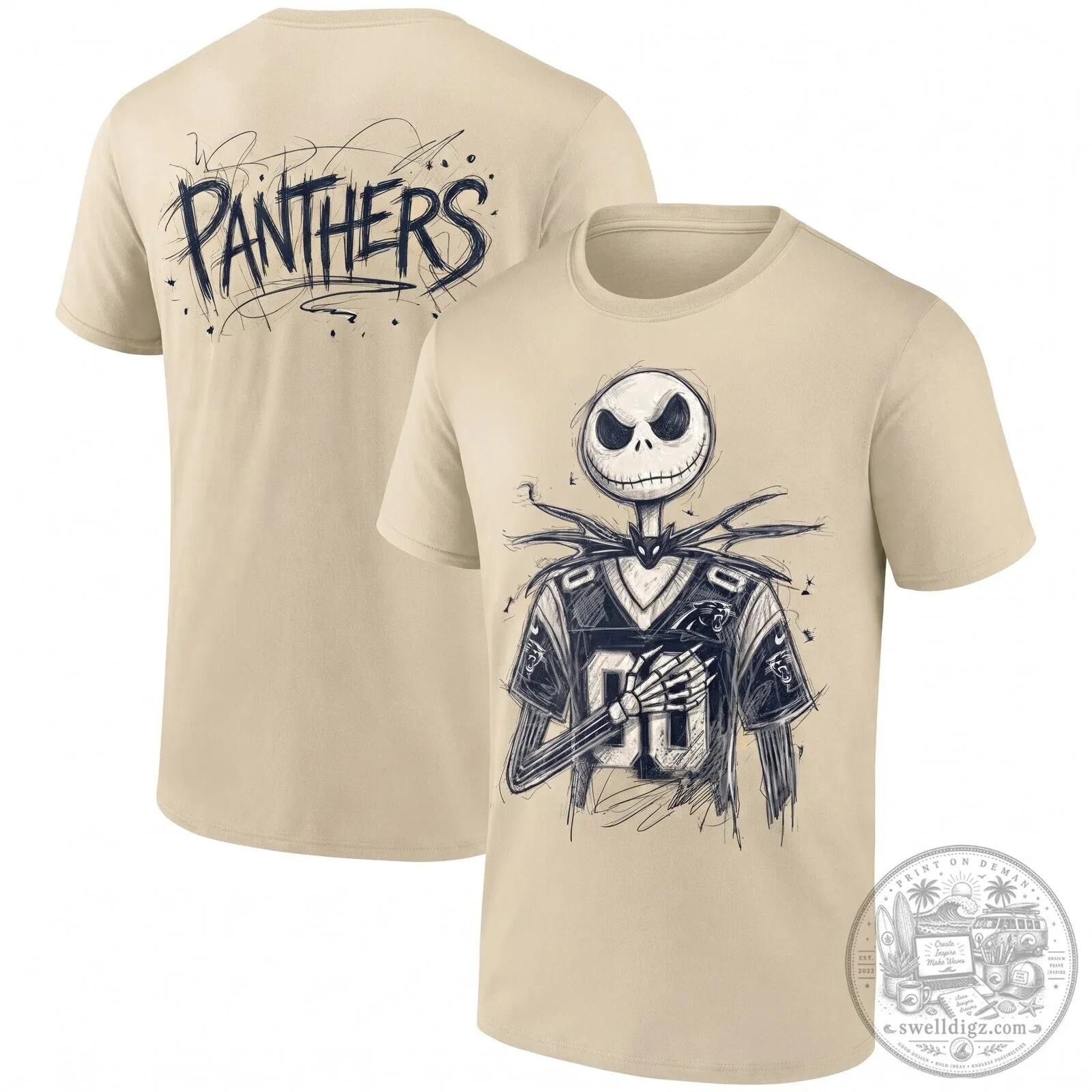 Carolina Panthers Jack Skellington Halloween Black Football T-Shirt 8 Carolina Panthers Jack Skellington Halloween Black Football T-Shirt