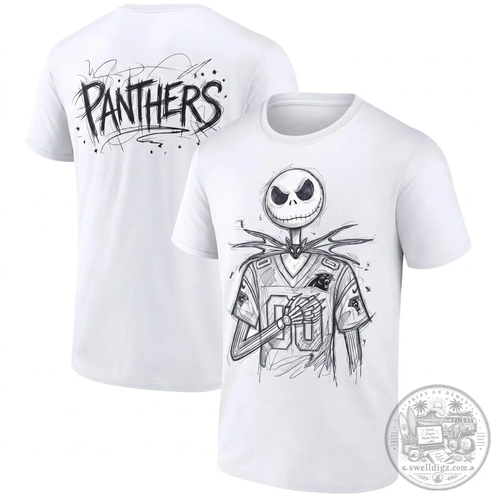 Carolina Panthers Jack Skellington Halloween Black Football T-Shirt 9 Carolina Panthers Jack Skellington Halloween Black Football T-Shirt