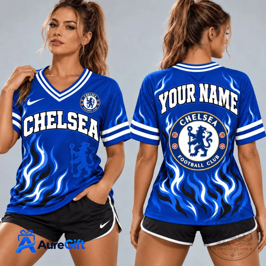 Chelsea Football Club Personalized Blue Flame V-Neck Jersey Chelsea Football Club Personalized Blue Flame V-Neck Jersey