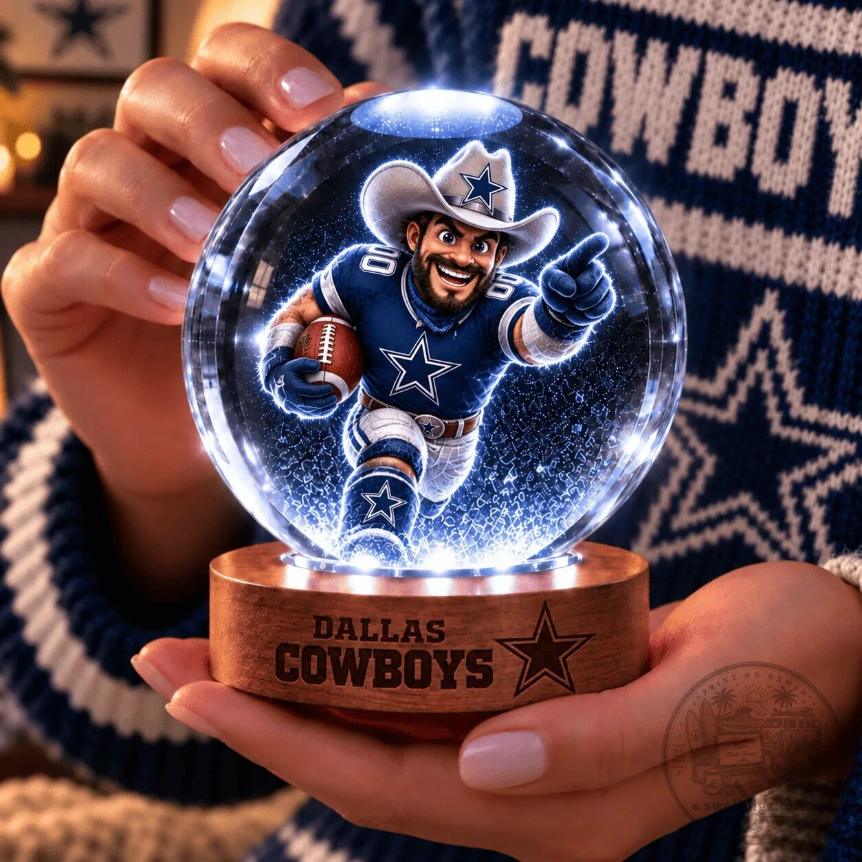 Dallas Cowboys Football Team Crystal Ball Night Light with Wooden Base