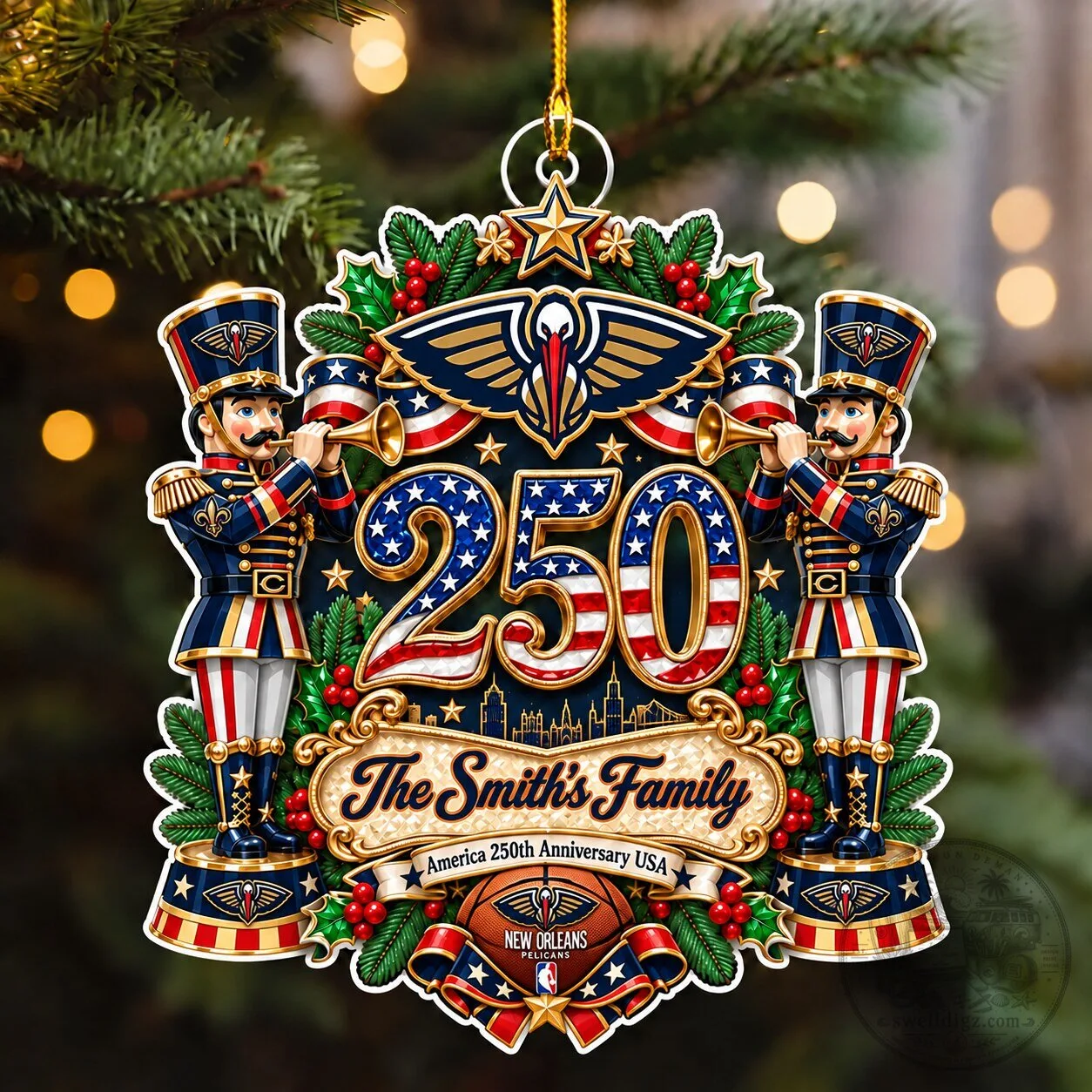 New Orleans Pelicans NBA 250th Anniversary Custom Name Christmas Ornament