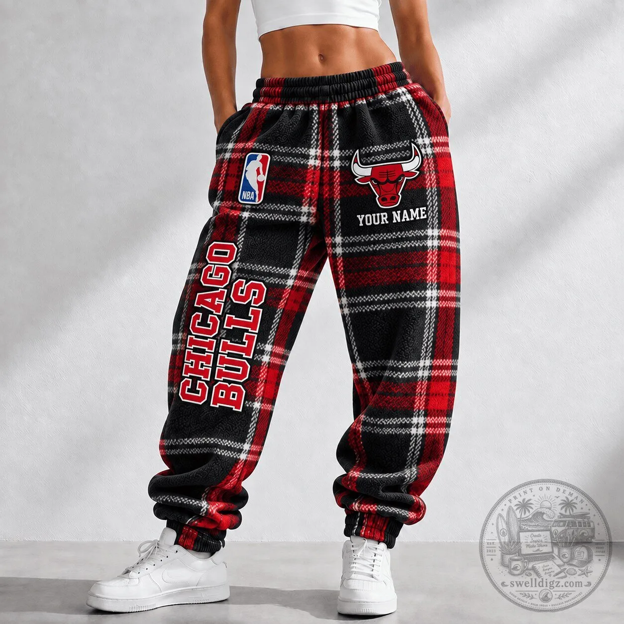 Chicago Bulls NBA Plaid Pattern Custom Name Jogger Pants for Fan