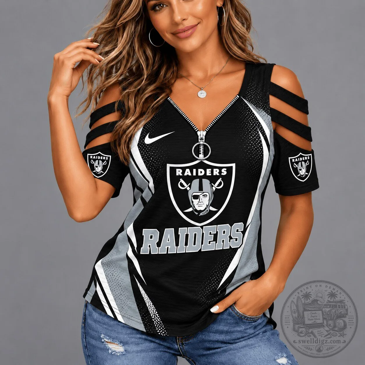 Las Vegas Raiders NFL Football Team Black Cold Shoulder Zipper T-Shirt