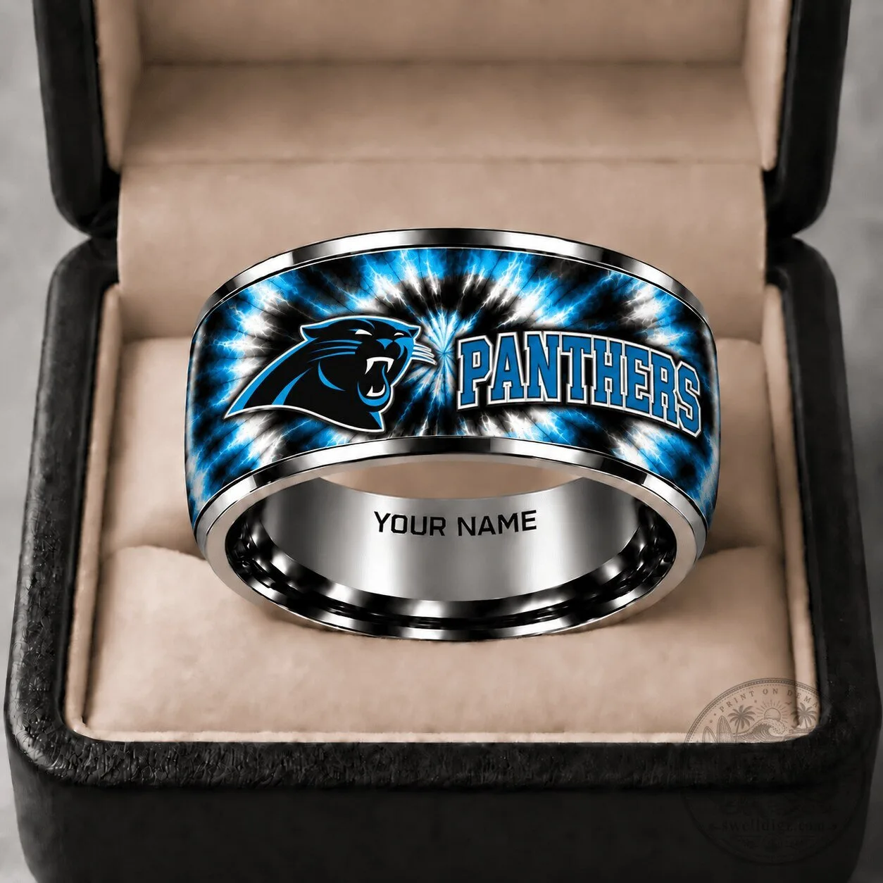 Carolina Panthers Tie-Dye Blue Black Silver Tungsten Steel Ring