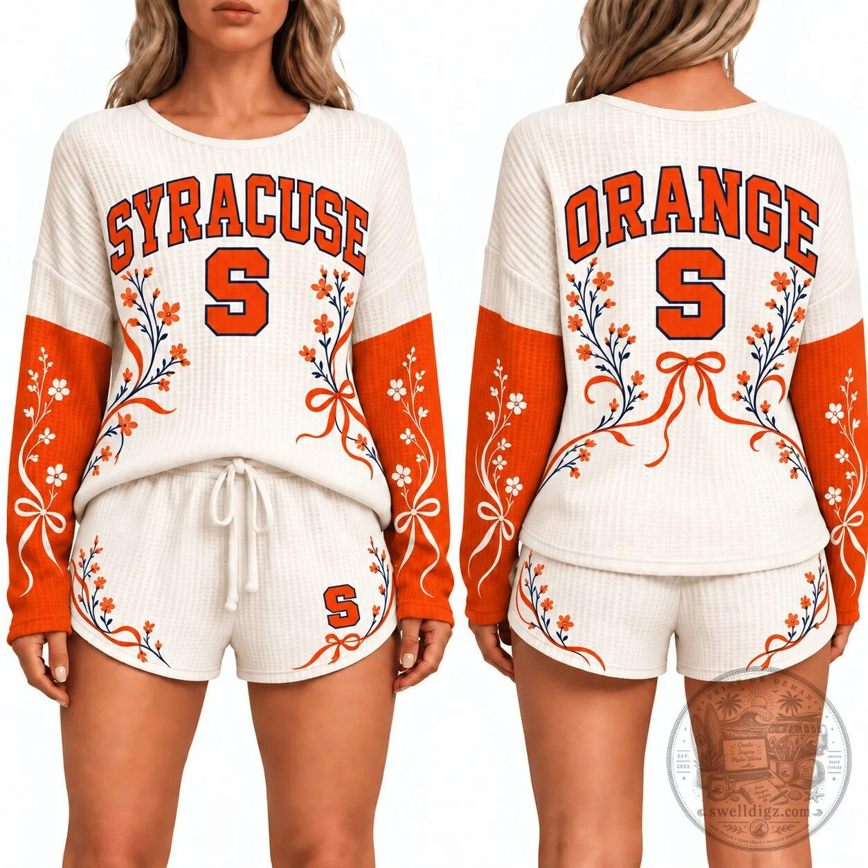 Syracuse Orange Womens Floral Waffle Knit Pajamas Set