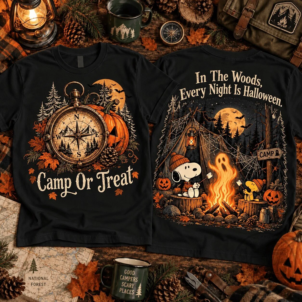 Snoopy Haunted Camp Halloween Compass Pumpkin Graphic T-Shirt