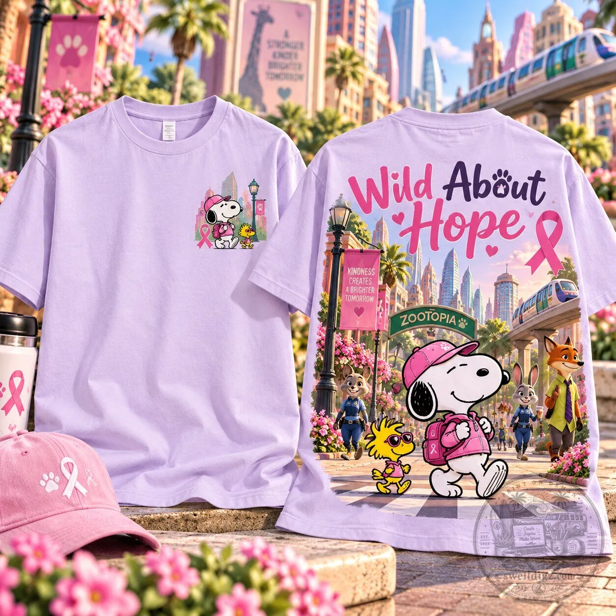 Snoopy Woodstock Zootopia Wild About Hope Breast Cancer Awareness Pink Ribbon T-Shirt