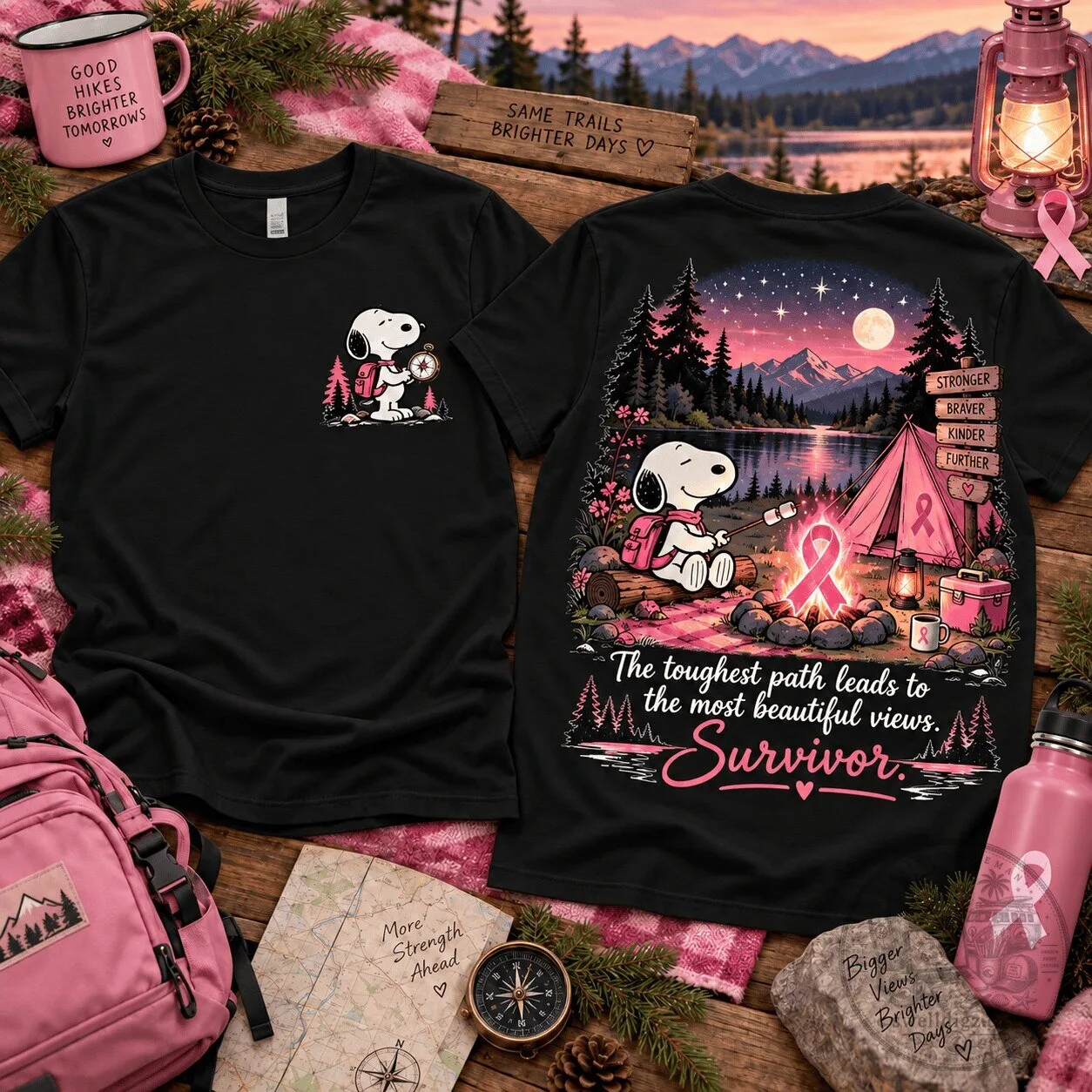 Snoopy Breast Cancer Awareness Survivor Camping Adventure T-Shirt