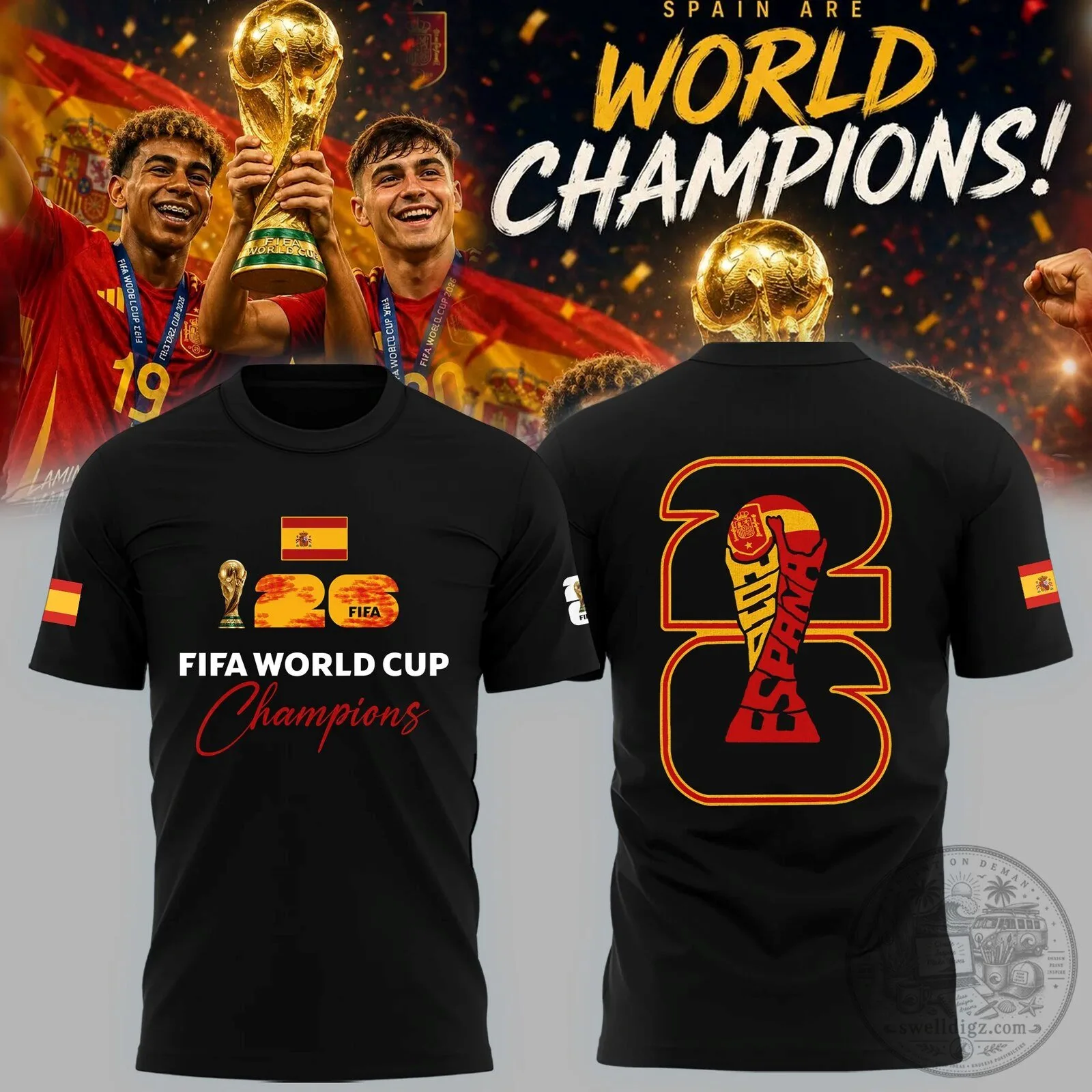 Black T-Shirt featuring Spain National Football Team FIFA World Cup Champions Design