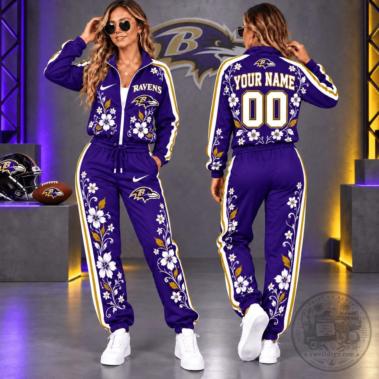 Baltimore Ravens Floral Custom Name Number Purple Tracksuit
