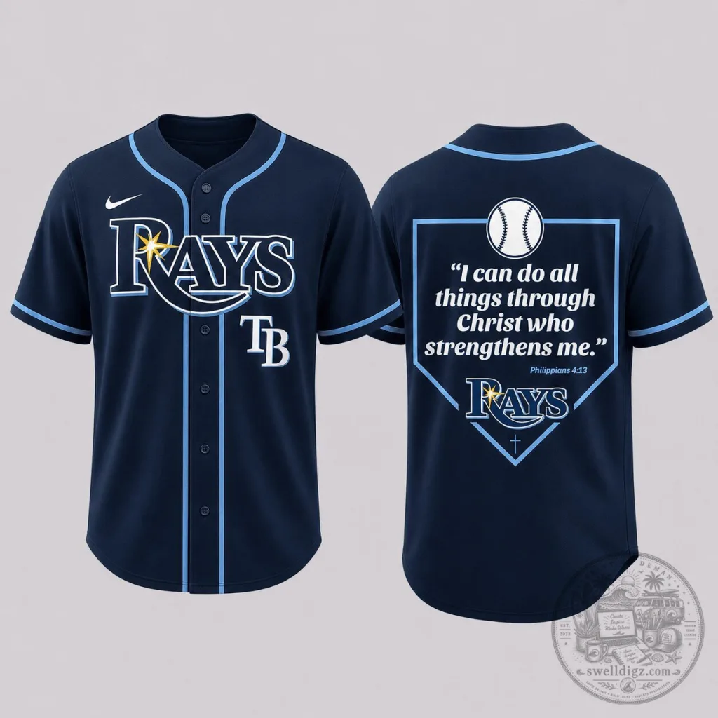 Tampa Bay Rays Baseball Philippians 4:13 Faith Quote Home Plate Baseball Jersey 25 Tampa Bay Rays Baseball Philippians 4:13 Faith Quote Home Plate Baseball Jersey