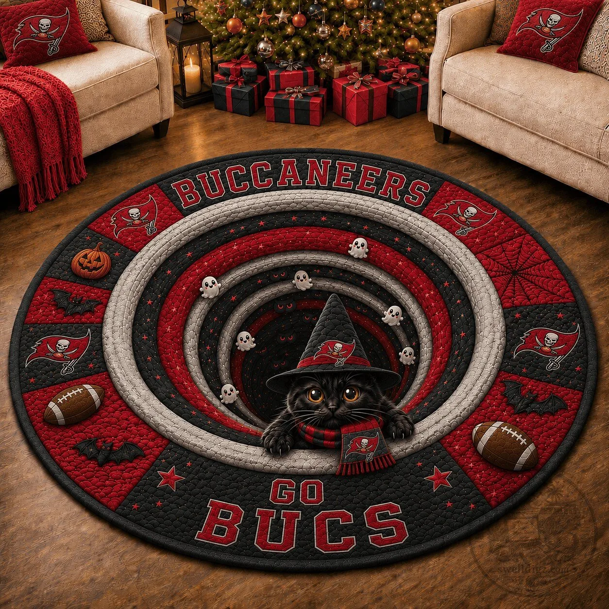 Tampa Bay Buccaneers Halloween Black Cat Go Bucs Round Rug