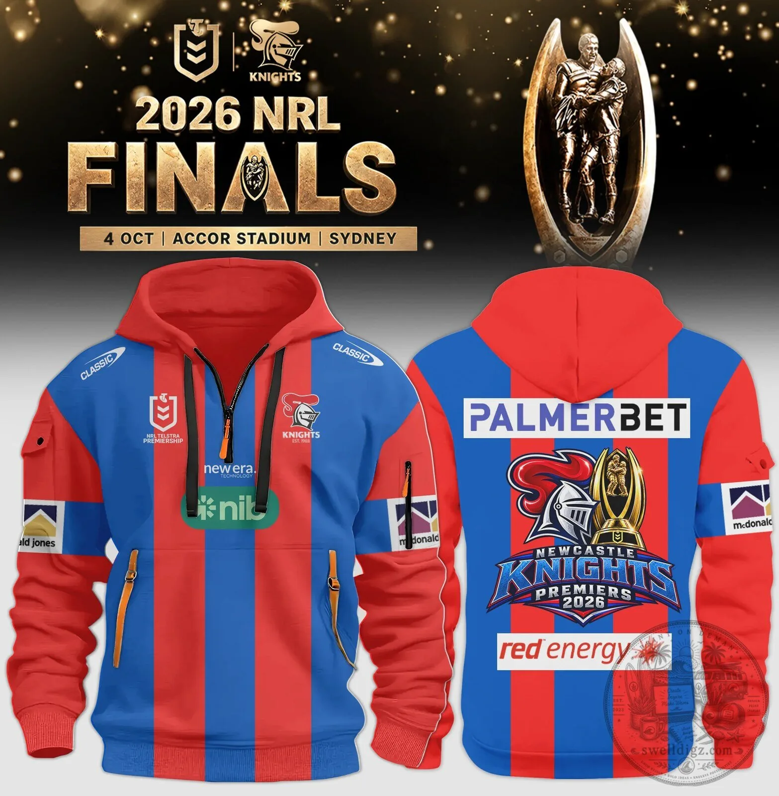 Newcastle Knights 2026 NRL Premiers Red and Blue Full-Zip Hoodie