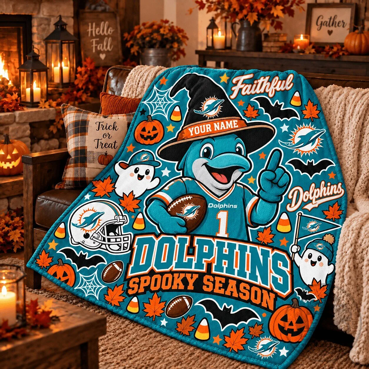 Miami Dolphins Halloween Spooky Season Custom Name Blanket