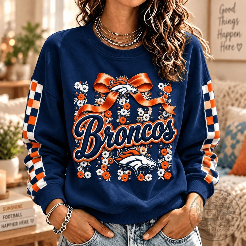 Denver Broncos Football Team Floral Print Checkered Sleeve Sweatshirt 83 Denver Broncos Football Team Floral Print Checkered Sleeve Sweatshirt