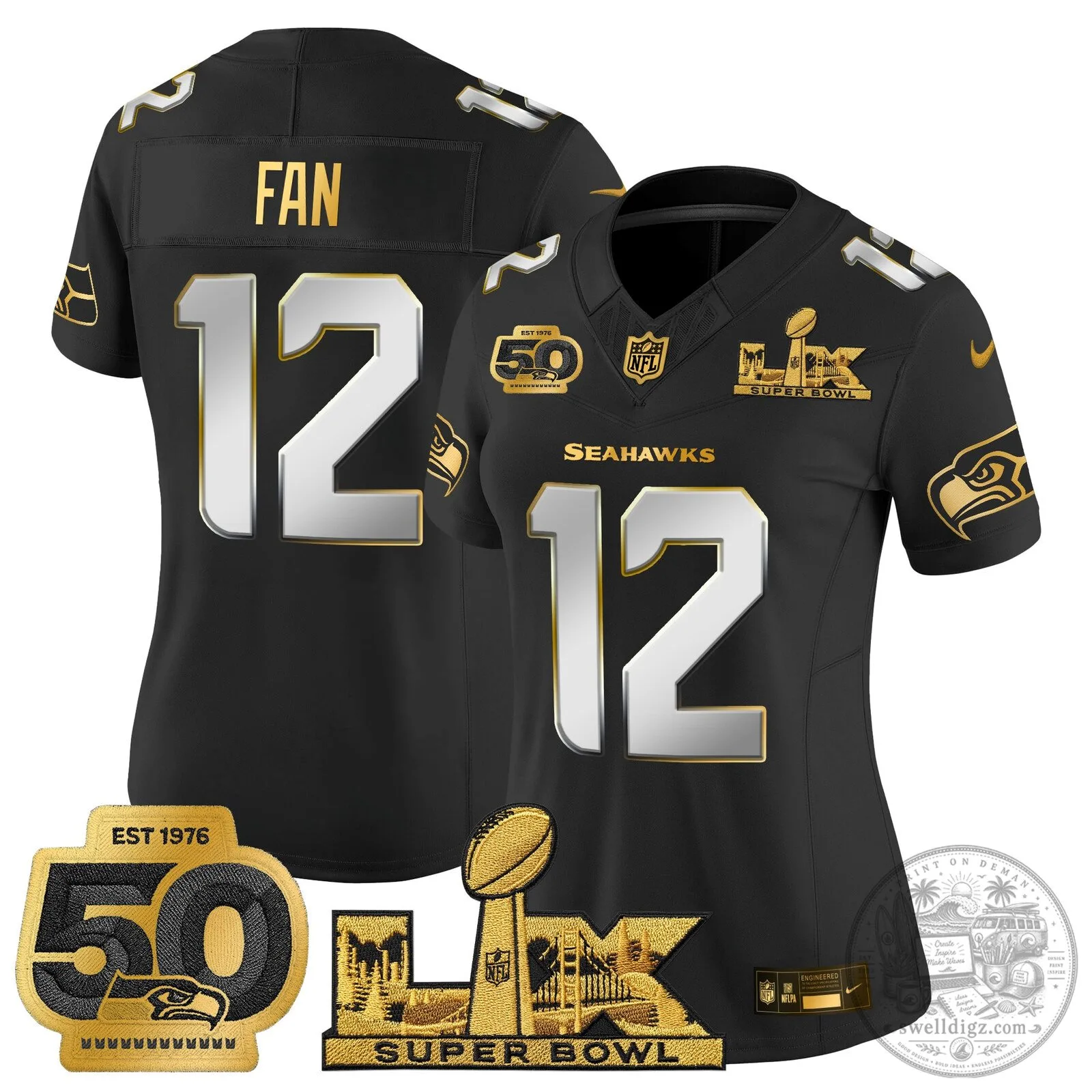 Black Football Jersey for Seattle Seahawks Super Bowl LIX 50th Anniversary